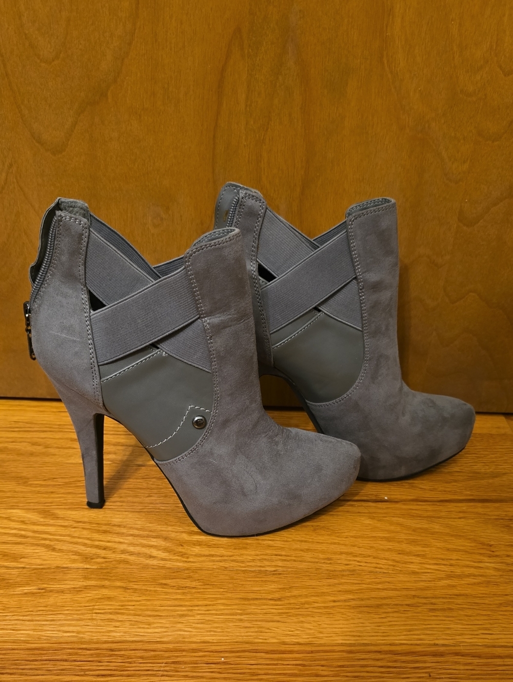 G by Guess Gray Suede-Look Stiletto Ankle Boots